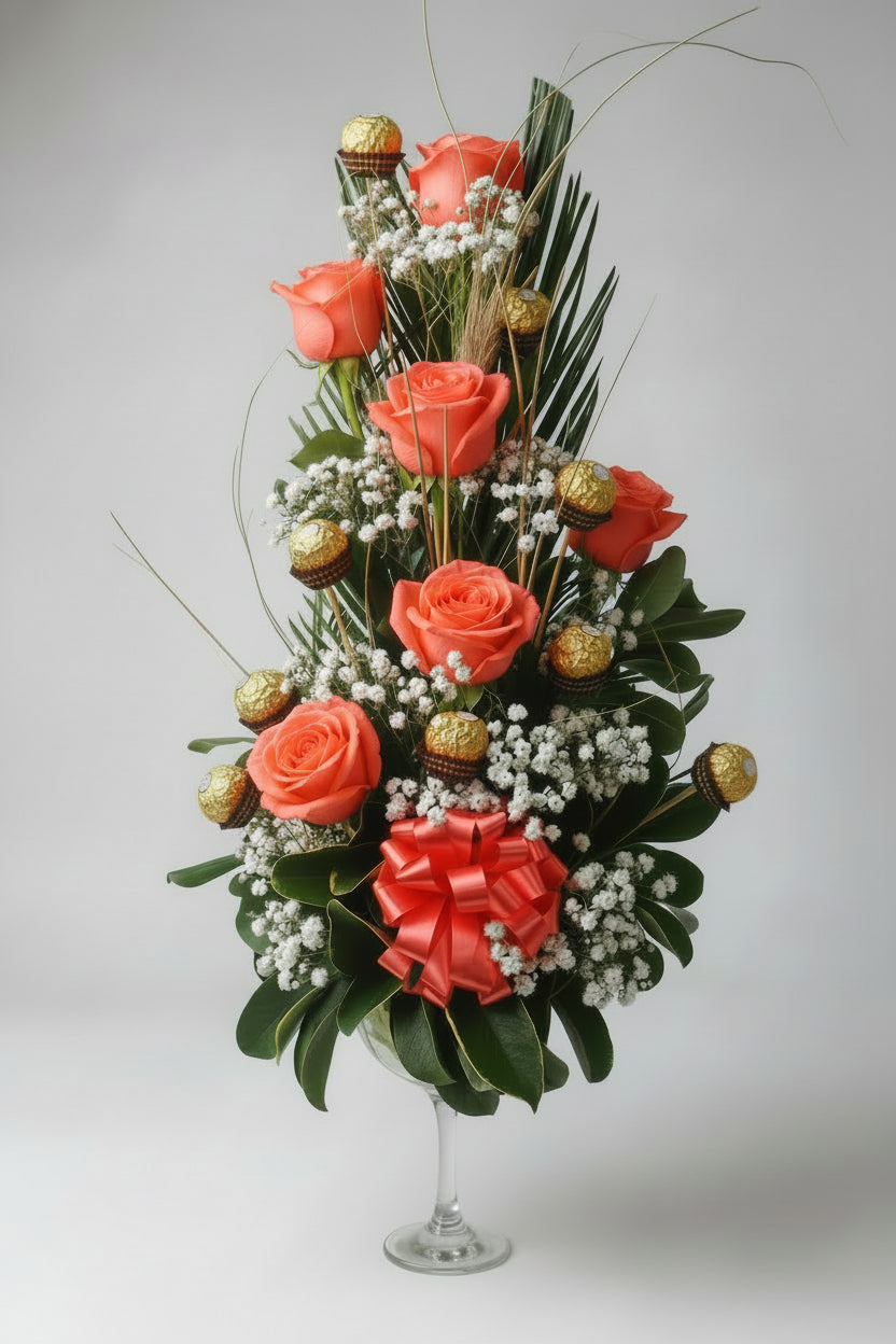 Copa Dulcera de 6 Rosas + 6 Bombones